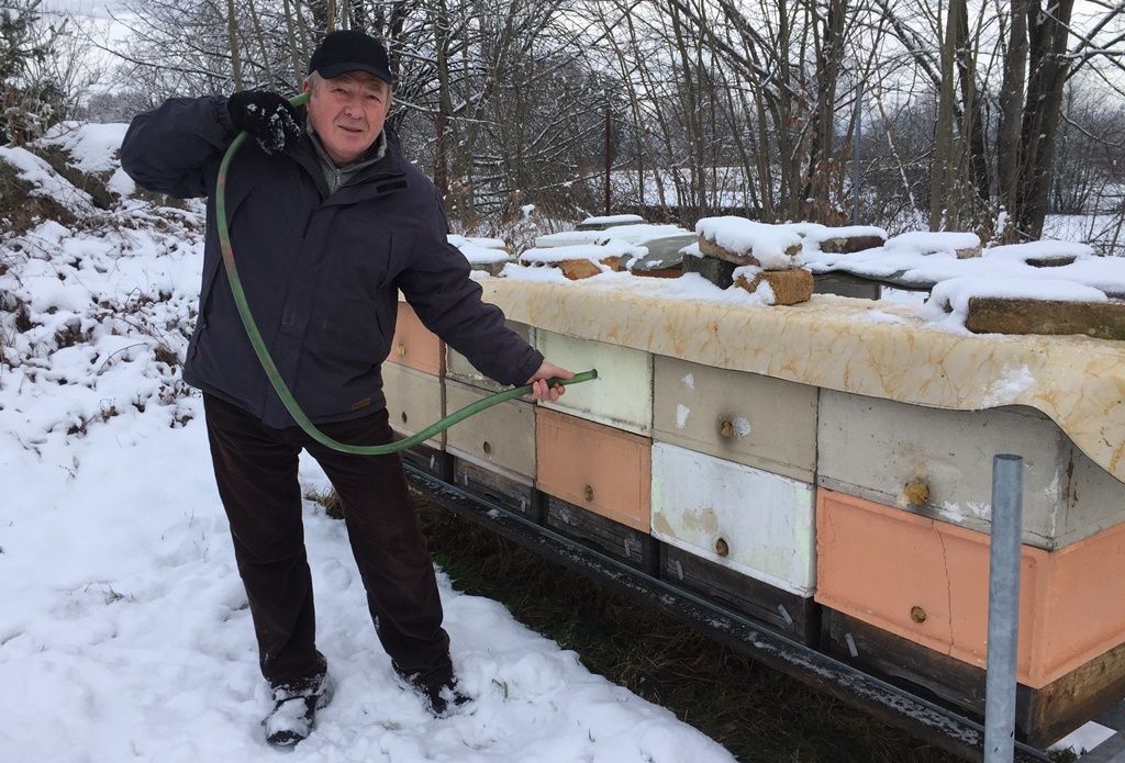 Včelař Aleš Křenek poslouchá bzukot včel v úlu. Díky tomu pozná, že je včelstvo uprostřed zimy v pořádku