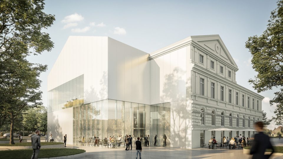 Vítězný návrh dostavby kulturního domu Slavie v Českých Budějovicích. Autorem je pařížský ateliér Chaix & Morel et Associé
