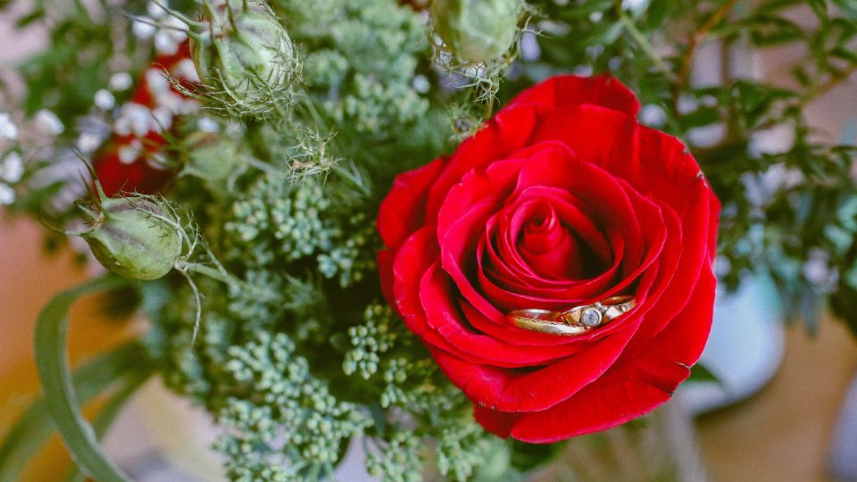 Marie dostala nádhernou kytici, kam jsme umístili i prstýnky