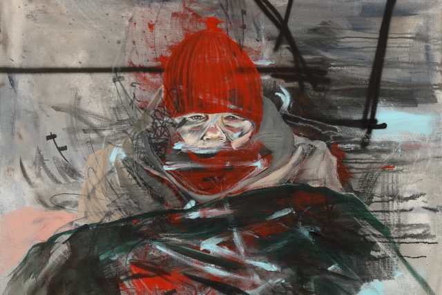 Na obrazech,  které umělkyně TOY_BOX připravila pro výstavu v českokrumlovském Egon Schiele Art Centru,  zachycuje lidi na okraji společnosti,  téma práv zvířat a svoje zkušenosti z pobytu v Krumlově | foto:  Egon Schiele Art Centrum Český Krumlov