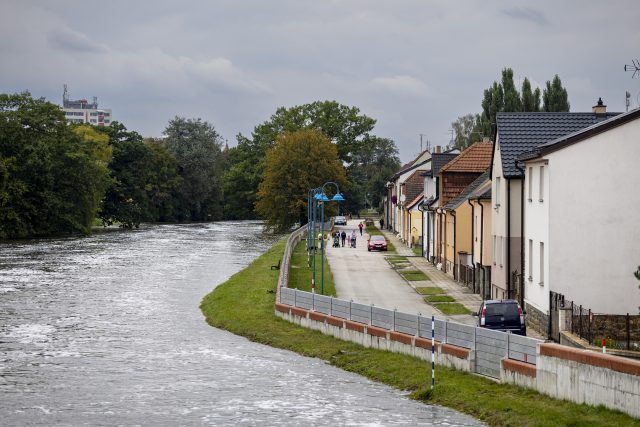 Protipovodňová stěna a rozvodněná Nežárka ve Veselí nad Lužnicí | foto: Jan Handrejch,  Právo / Profimedia