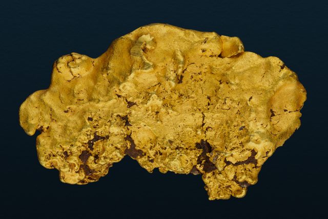 Jeden ze dvou unikátních zlatých nugetů,  které se staly ozdobou stálé expozice Prácheňského muzea v Písku | foto: archiv Prácheňského muzea v Písku