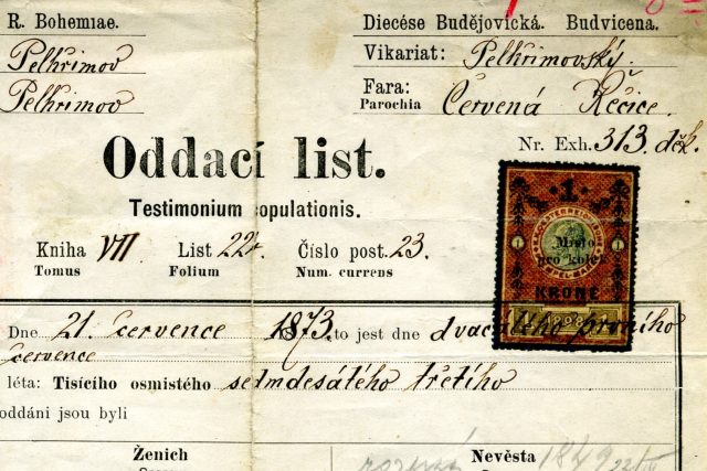 Detail oddacího listu z roku 1873 | foto: Frederik Velinský,  Český rozhlas